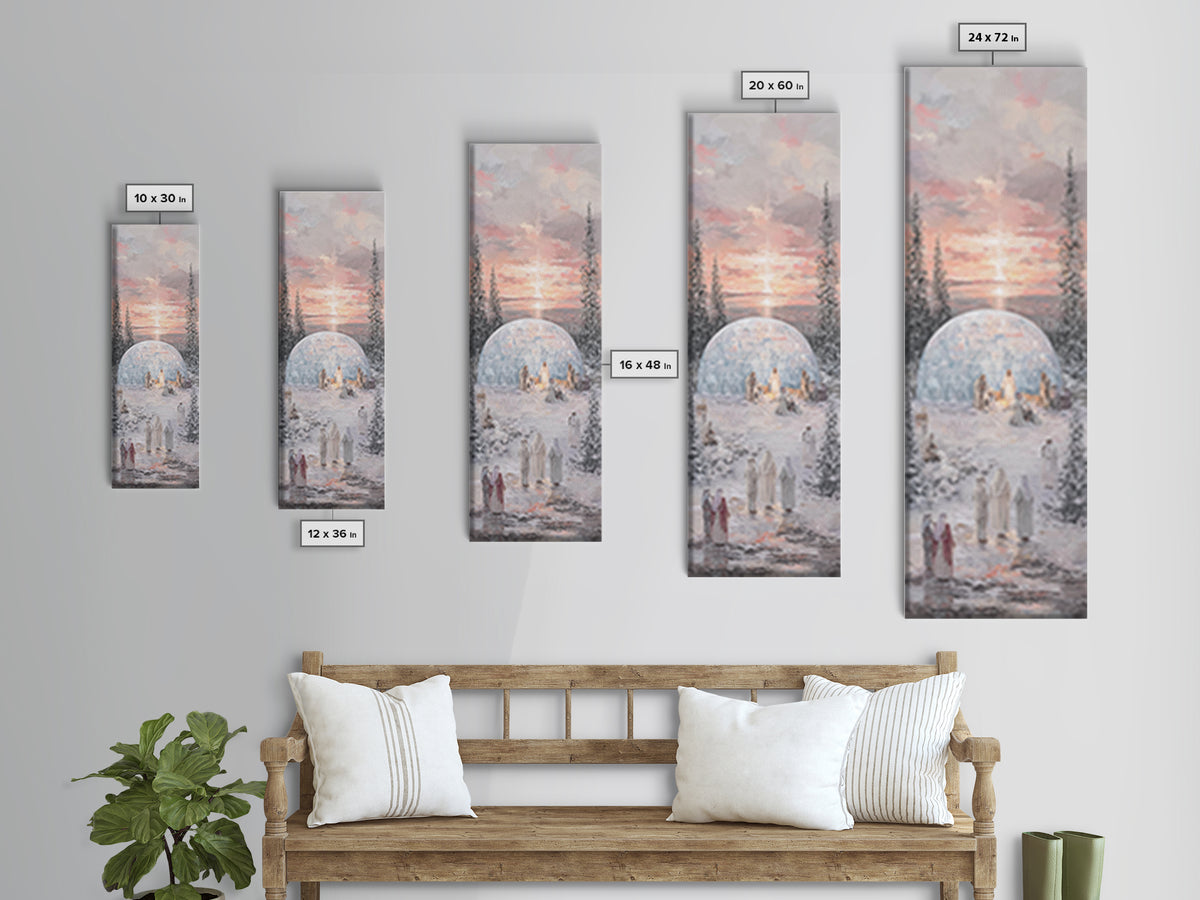 Winter Nativity Gathering - Framed Canvas Print - Christian Art Canvas - Christian Wall Art - Christmas Art - Narrow Art - Christian Christ