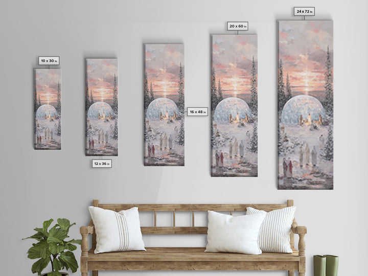 Winter Nativity Gathering - Framed Canvas Print - Christian Art Canvas - Christian Wall Art - Christmas Art - Narrow Art - Christian Christ
