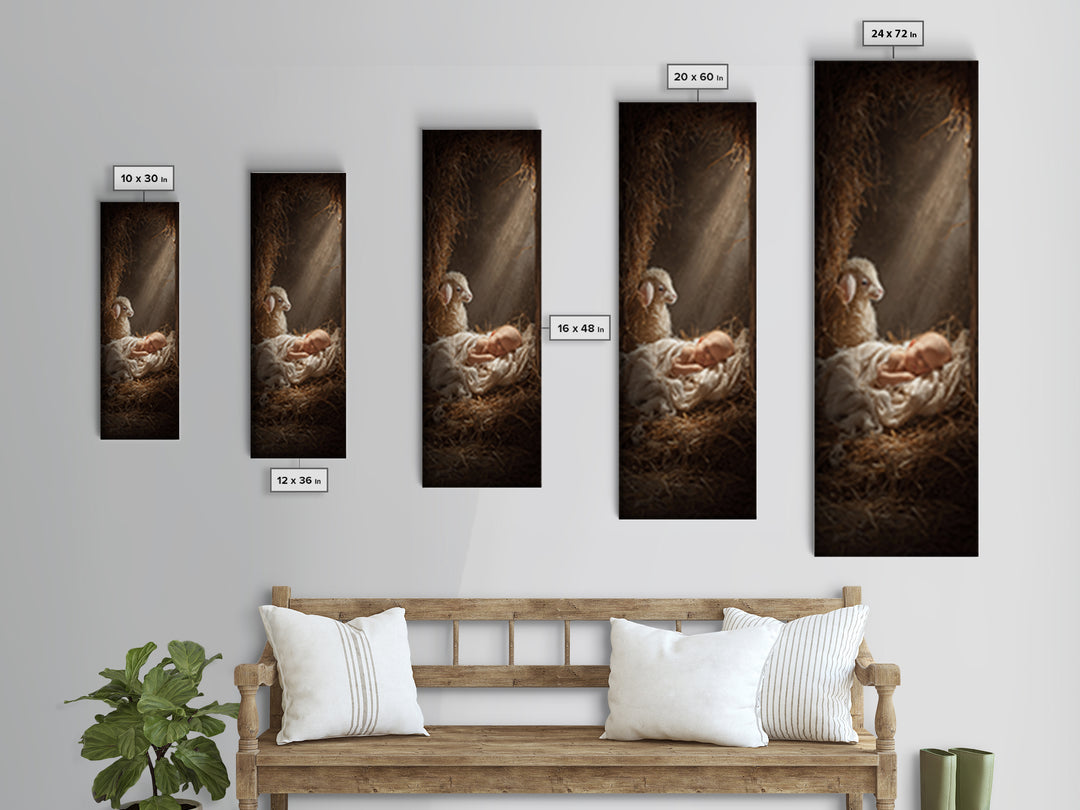 Humble Cradle Light – Framed Canvas Print – Tall Skinny Art Print – Christian Wall Art – Christian Art Work – Christmas Art