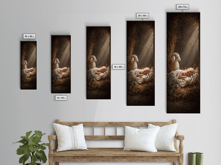 Humble Cradle Light – Framed Canvas Print – Tall Skinny Art Print – Christian Wall Art – Christian Art Work – Christmas Art