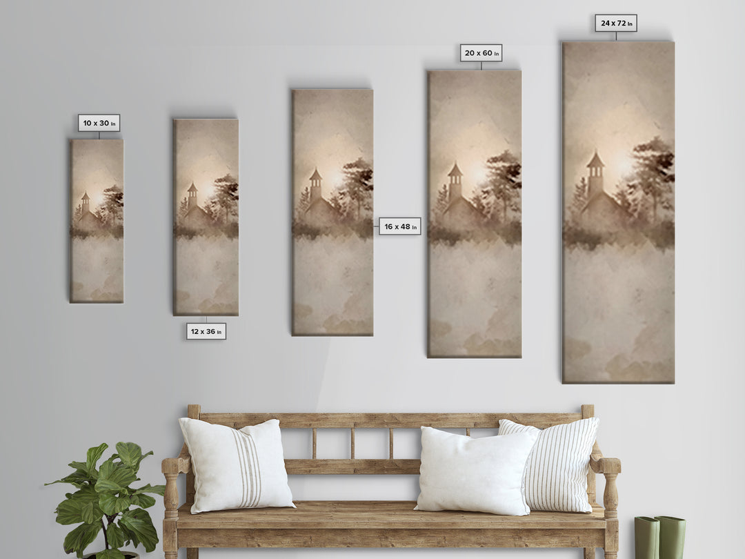 Dawn Chapel Stillness, Framed Canvas Print, Christian Wall Art, Minimalist Christian Art, Tall Skinny Art Print, Christian Decor, Christmas