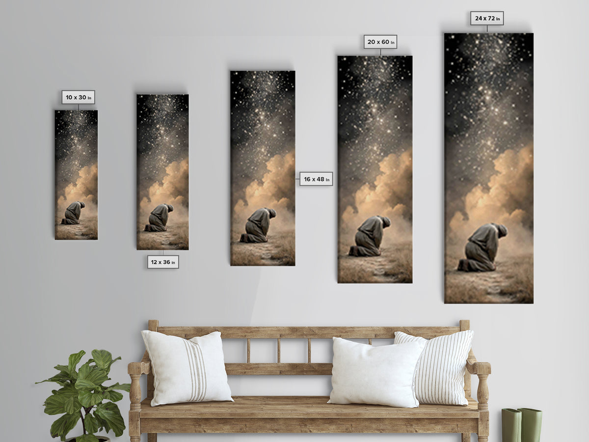 Heavenly Kneeling Light, Framed Canvas Print, Christian Wall Art, Christian Art, Tall Narrow Wall Art, Christian Art Canvas, Jesus Painting