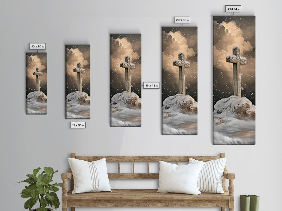 Icy Cross Radiance – Framed Canvas Print – Narrow Art – Christian Art Work – Christian Wall Art – Christian Christmas Art – Christian Paint