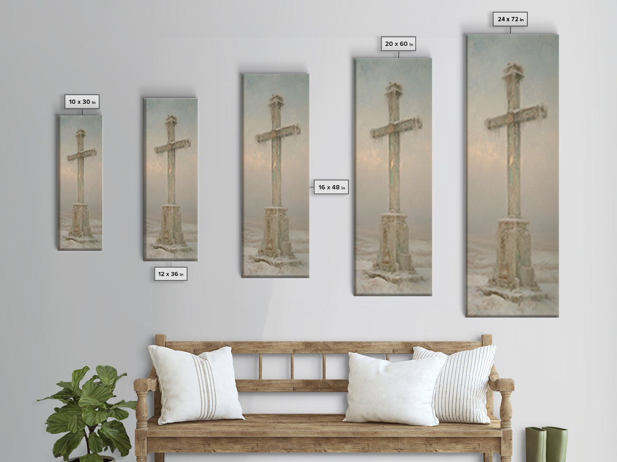 Winter Dawn Cross – Framed Canvas Print – Tall Skinny Art Print – Christian Wall Art – Christian Paintings – Christian Art Canvas – Christm