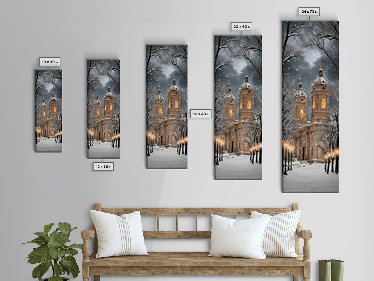 Snowfall Cathedral Peace - Framed Canvas Print - Christian Wall Art - Tall Skinny Art Print - Christian Art Canvas - Christmas Art Work - F