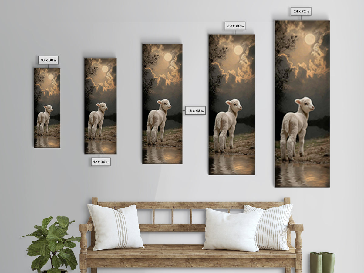 Moonlit Gentle Lamb, Framed Canvas Print, Christian Wall Art, Christian Art Canvas, Narrow Art, Christian Art Print, Christian Decor For Ho