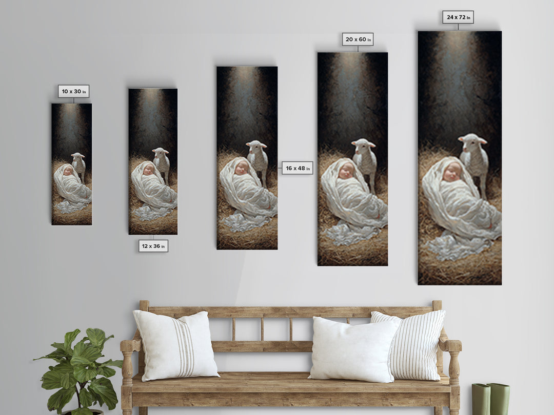 Radiant Manger Blessing, Framed Canvas Print, Christian Art Print, Christmas Art, Narrow Art, Jesus Christmas Art, Christian Wall Art