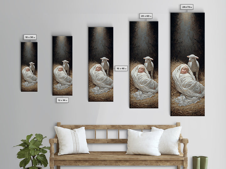 Radiant Manger Blessing, Framed Canvas Print, Christian Art Print, Christmas Art, Narrow Art, Jesus Christmas Art, Christian Wall Art