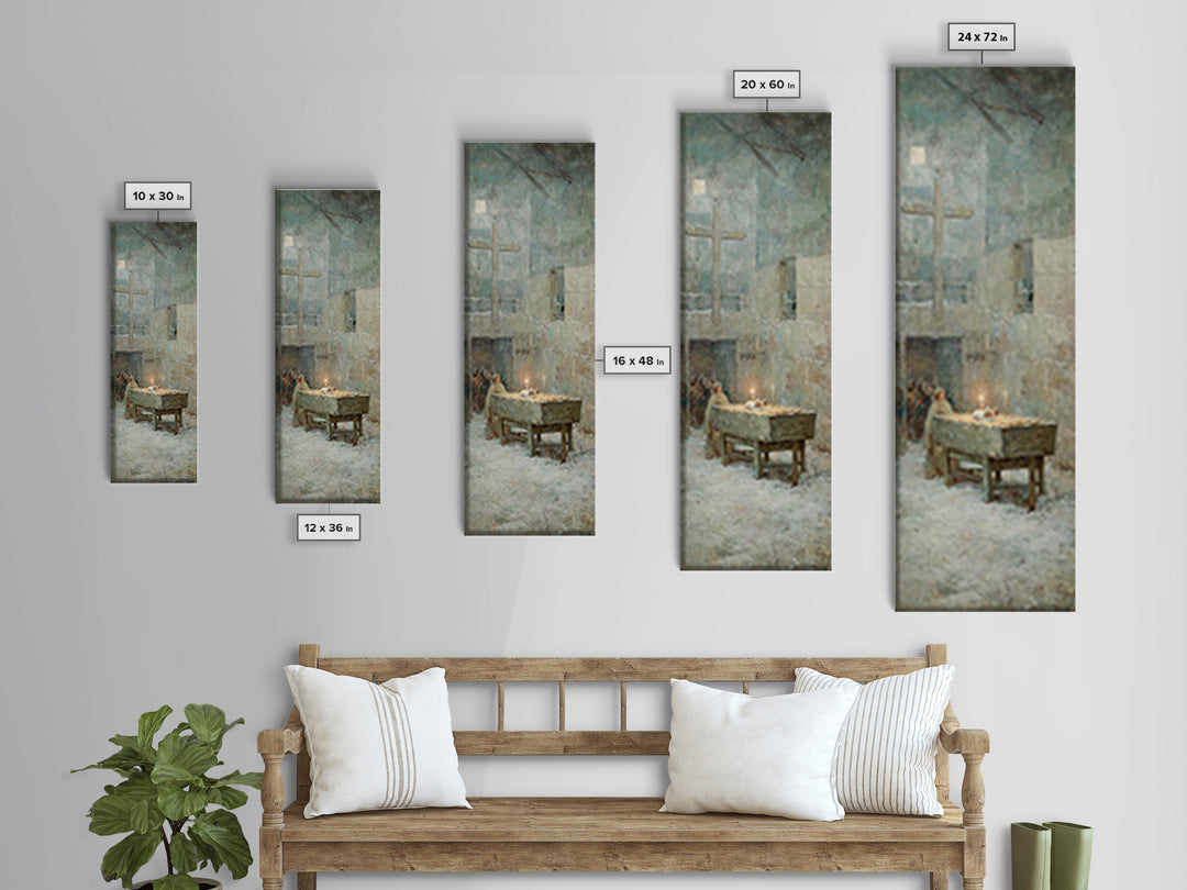 Soft Manger Dawn – Framed Canvas Print – Christian Art Canvas – Christmas Art – Subtle Christian Art – Tall Narrow Wall Art