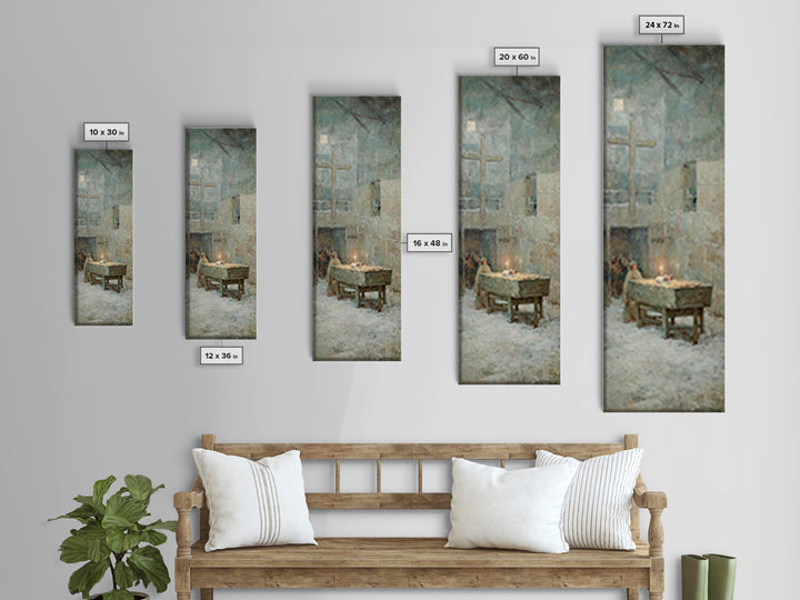 Soft Manger Dawn – Framed Canvas Print – Christian Art Canvas – Christmas Art – Subtle Christian Art – Tall Narrow Wall Art