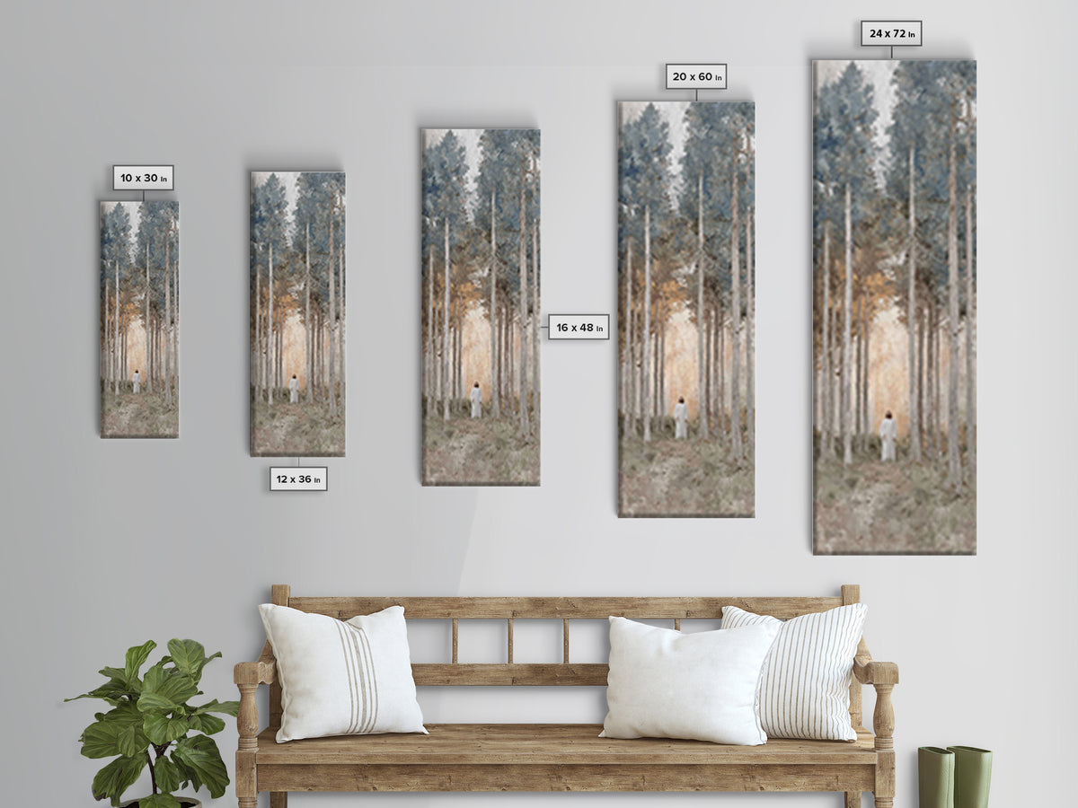 Light Through The Pines, Framed Canvas Print, Christian Art Canvas, Christian Wall Art, Jesus Painting, Skinny Art, Christian Christmas Art