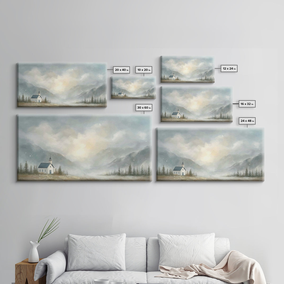 Mountain Chapel Light – Framed Canvas Print – Christian Art Canvas – Christian Wall Art – Moody Christian Art – Christian Painting – Modern