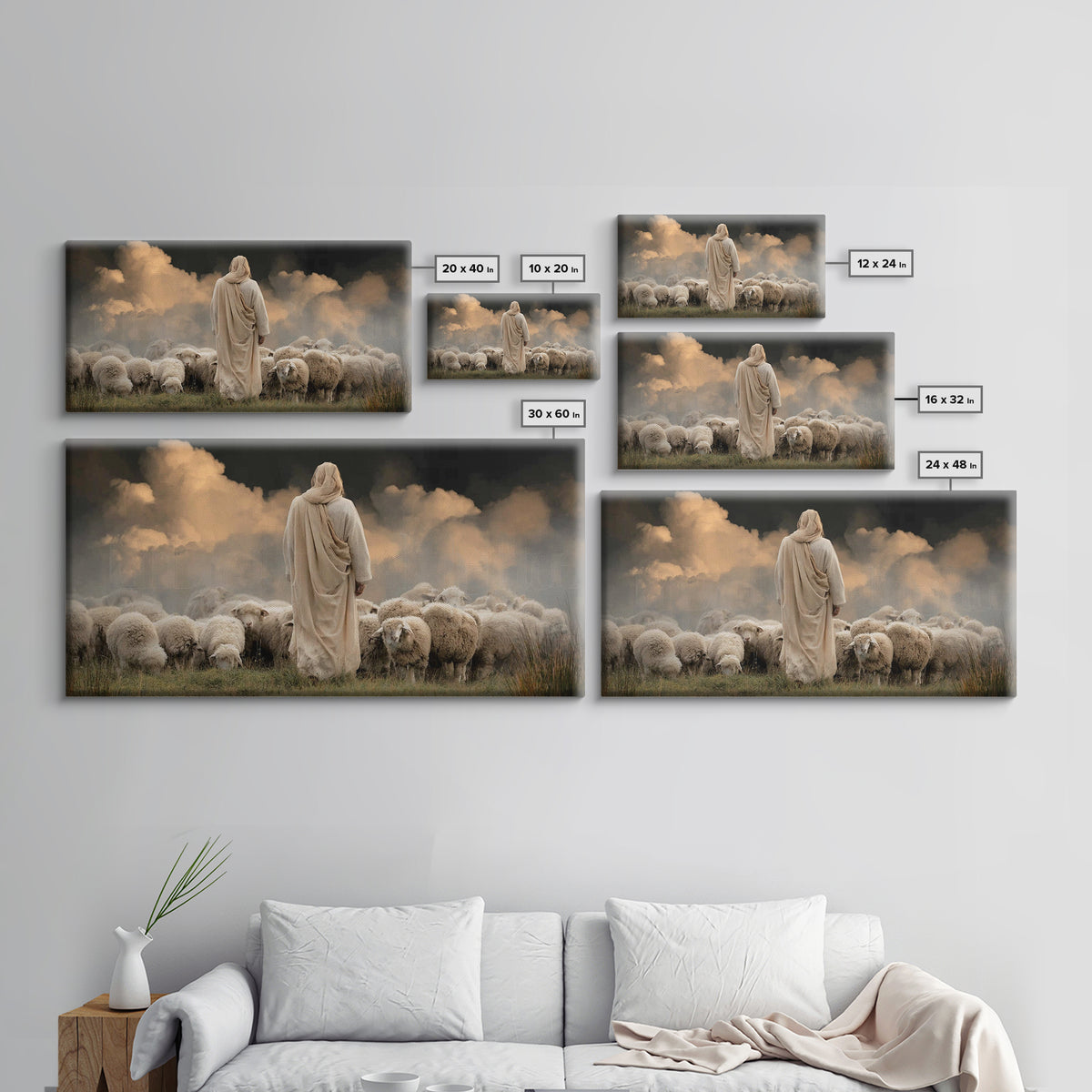 Cloudside Flock Light, Framed Canvas Print, Jesus Painting, Christian Art Canvas, Christian Wall Art, Large Christian Painting, Christian A