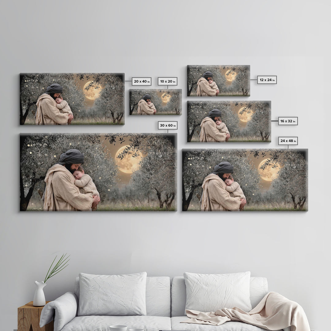 Moonlit Comfort | Framed Canvas Print | Jesus Wall Art | Christian Christmas Art | Christian Art Painting | Unique Christian Art