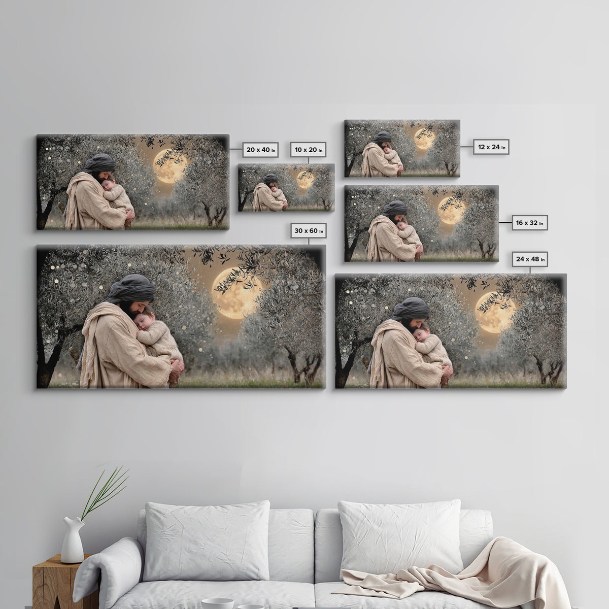 Moonlit Comfort | Framed Canvas Print | Jesus Wall Art | Christian Christmas Art | Christian Art Painting | Unique Christian Art