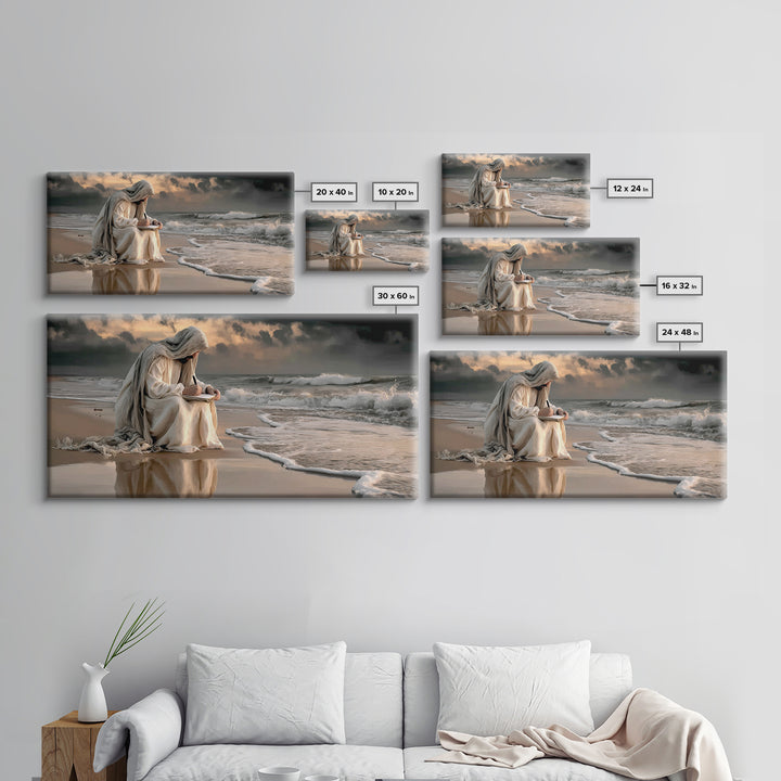 Shoreline Grace – Framed Canvas Print – Christian Wall Art – Jesus Painting – Modern Christian Art – Christian Christmas Art – Large Jesus