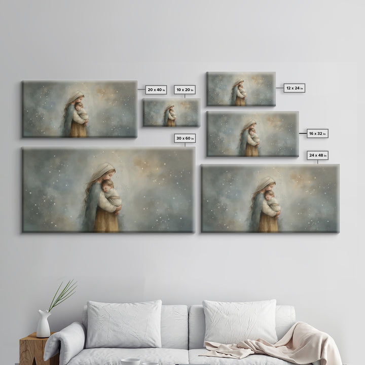Starry Night Tenderness – Framed Canvas Print – Christian Christmas Art – Christian Art Gift – Mary and Jesus Painting – Christian Wall Art