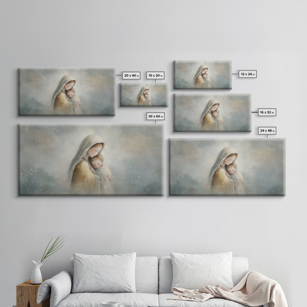 Snowfall Grace – Framed Canvas Print – Christmas Art – Christian Wall Art – Christian Art Canvas – Mary And Jesus Painting – Christian Gift