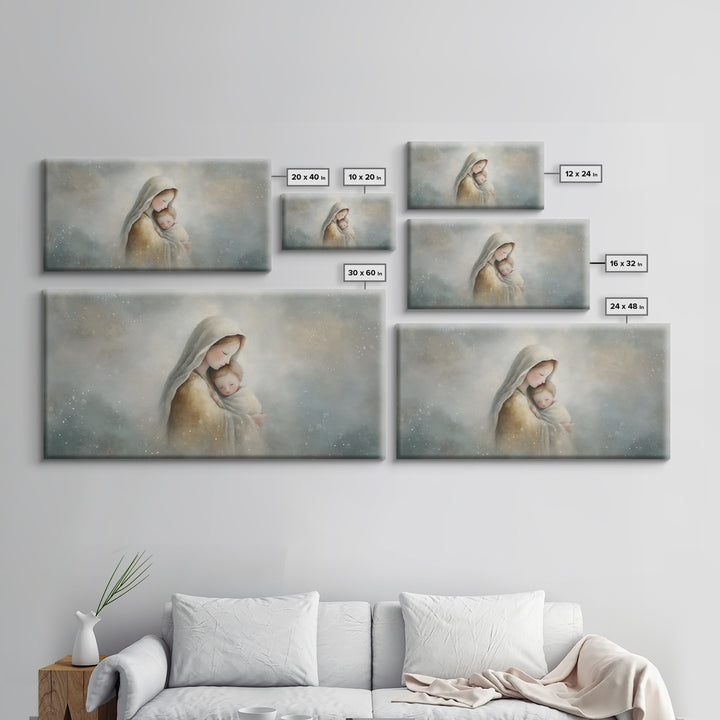 Snowfall Grace – Framed Canvas Print – Christmas Art – Christian Wall Art – Christian Art Canvas – Mary And Jesus Painting – Christian Gift