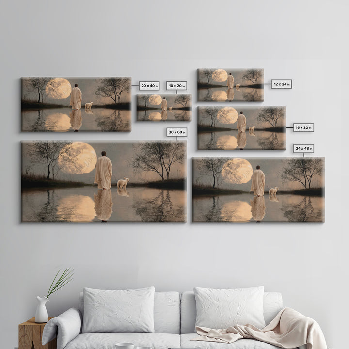 Moonlit Shepherd Calm – Framed Canvas Print – Christian Art Canvas – Christian Wall Art – Jesus Painting – Christian Christmas Art