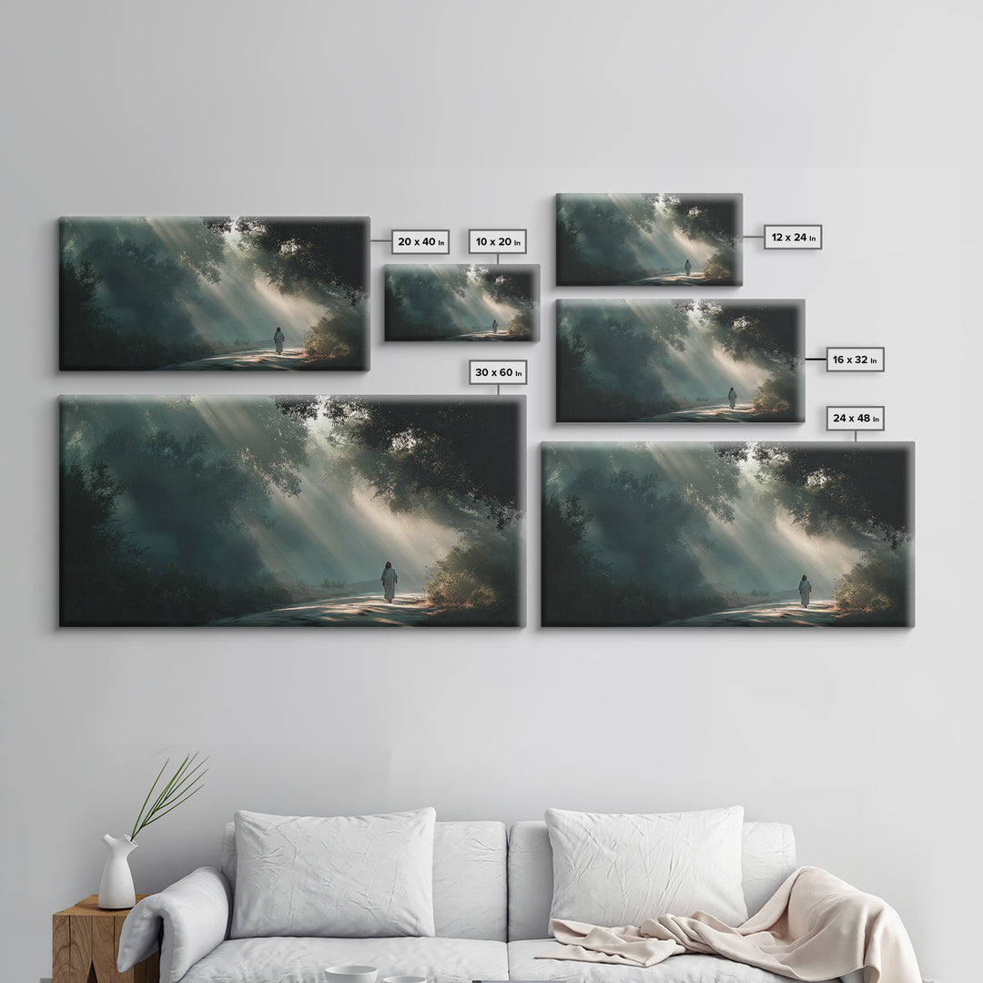 Forest Light Path | Framed Canvas Print | Jesus Painting | Christian Art Canvas | Christian Wall Art | Christian Christmas Art | Christian