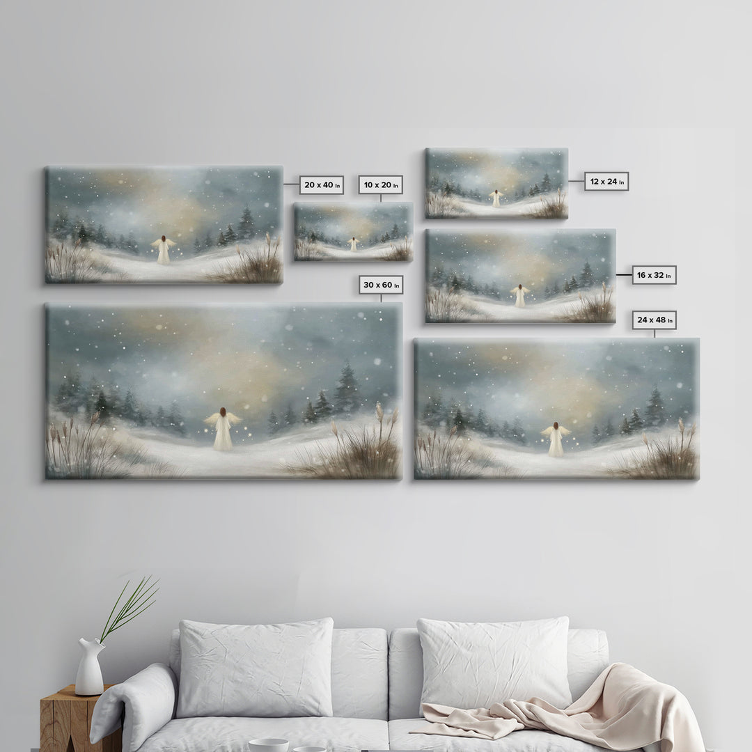 Angel In The Snow, Framed Canvas Print, Christmas Art Prints, Christian Wall Art, Angel Art, Moody Christmas Art