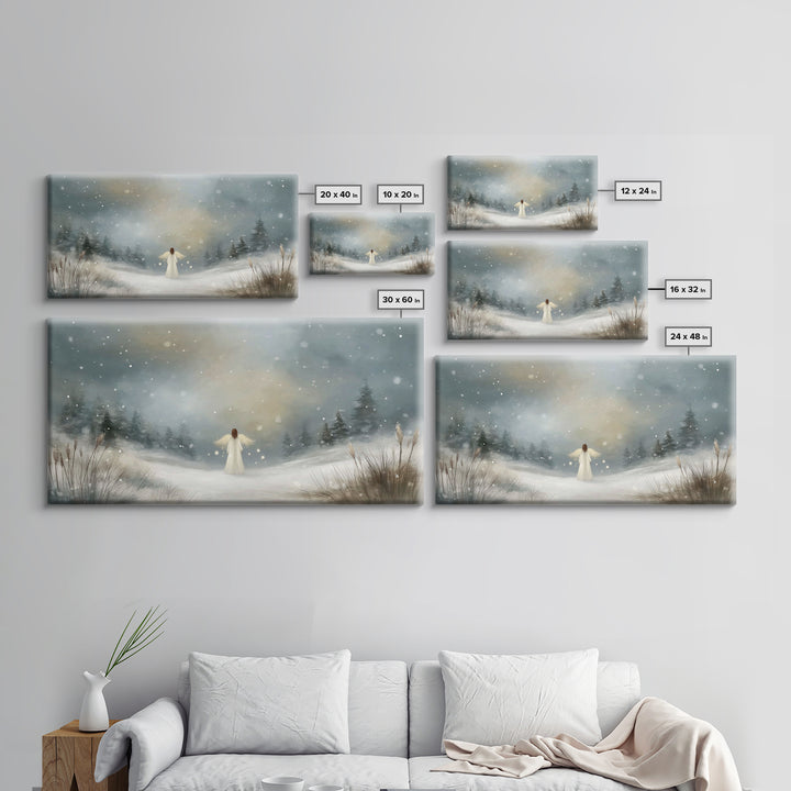 Angel In The Snow, Framed Canvas Print, Christmas Art Prints, Christian Wall Art, Angel Art, Moody Christmas Art