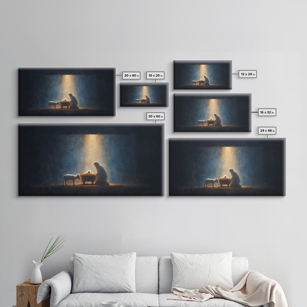 Midnight Manger Glow – Framed Canvas Print – Christian Art Canvas – Christian Wall Art – Jesus Painting – Christmas Art