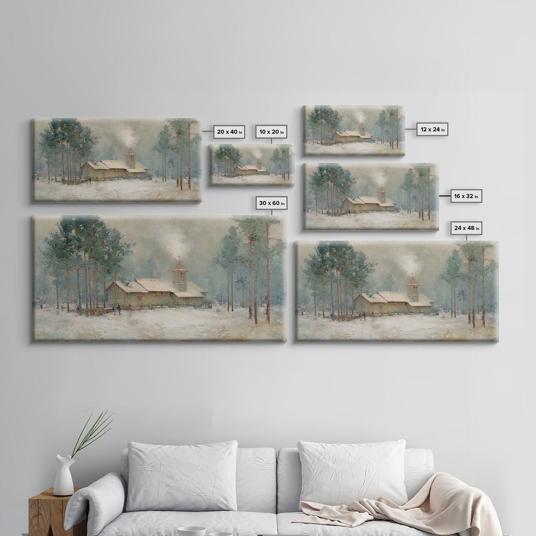 Snowy Pine Chapel | Framed Canvas Print | Christian Wall Art | Christmas Canvas Wall Art | Christian Art Gift | Winter Christian Art