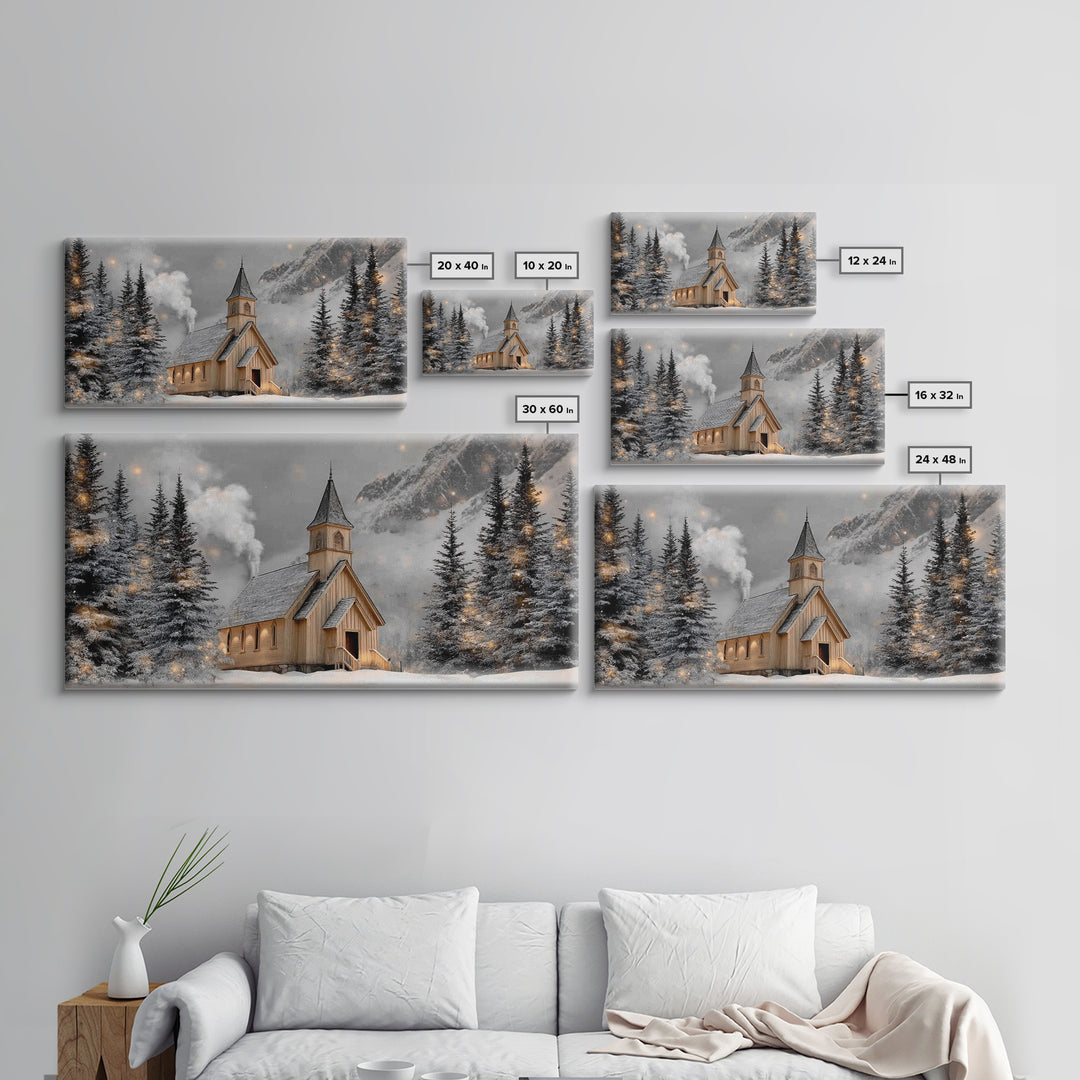 Mountain Chapel Glow - Framed Canvas Print - Christian Wall Art - Christian Christmas Art - Christmas Wall Art - Christian Decor