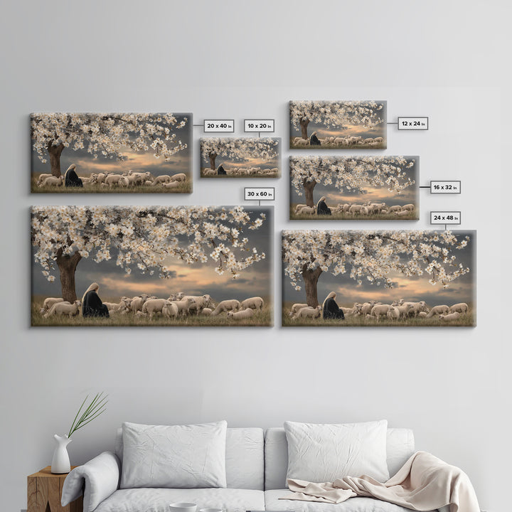 Gentle Twilight Shepherd, Framed Canvas Print, Christian Wall Art, Jesus Painting, Christmas Art, Christian Art Canvas