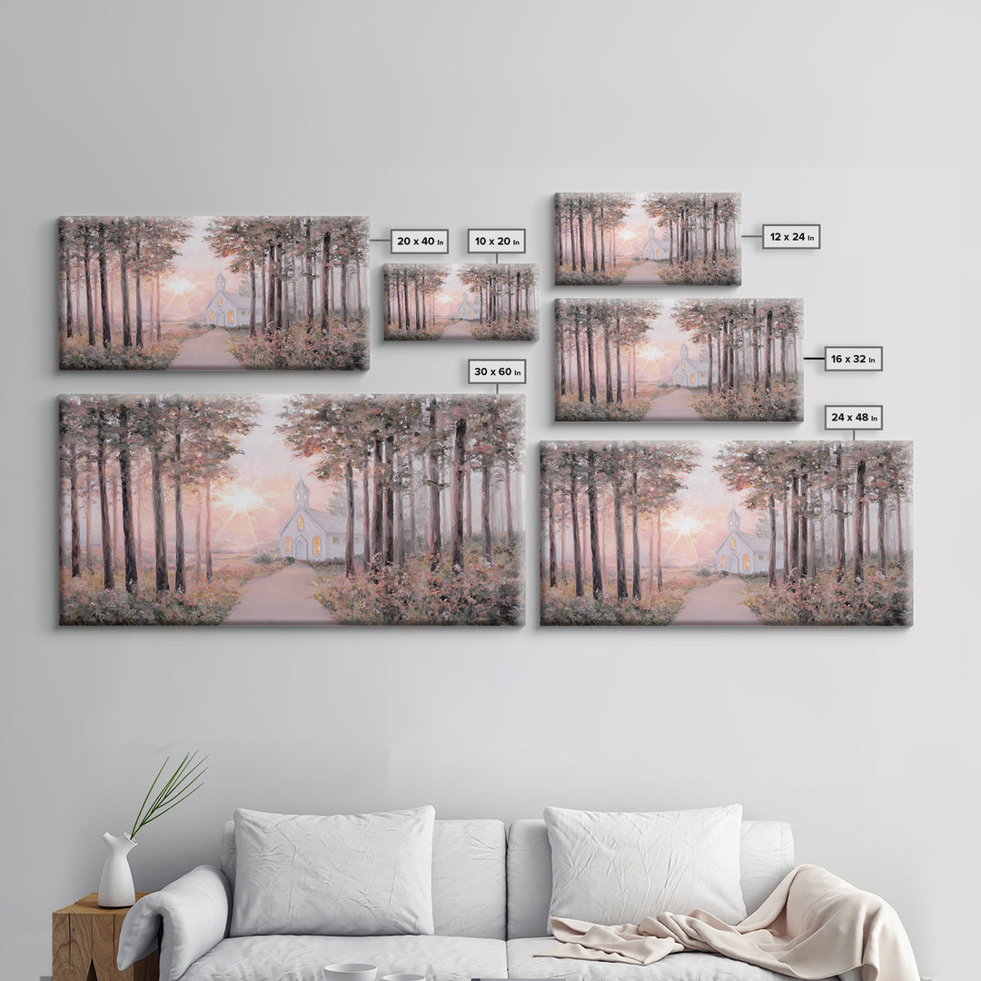 Sunlit Chapel Path, Framed Canvas Print, Christian Art Canvas, Christian Wall Art, Christian Art, Christian Painting, Christian Gift Ideas