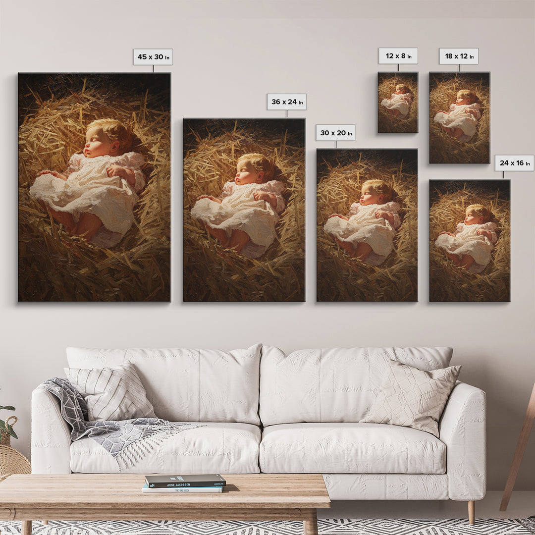 Silent Straw Light, Framed Canvas Print, Christian Art Canvas, Christmas Wall Art, Jesus Painting Canvas, Christian Christmas Art, Christia