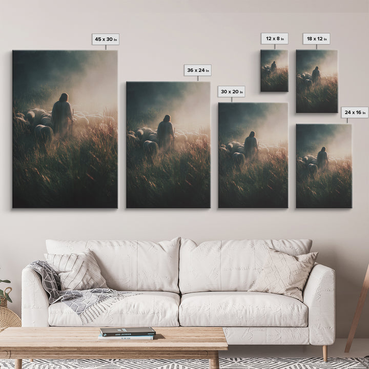 Morning Flock Peace | Framed Canvas Print | Jesus Painting | Christian Christmas Art | Christian Art Canvas | Moody Christian Art | Christi