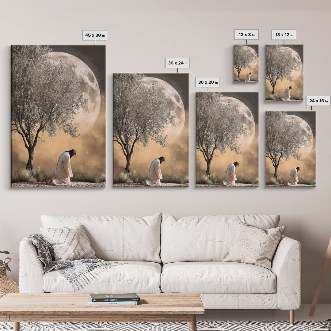 Moonlit Supplication, Framed Canvas Print, Jesus Canvas Art, Christian Wall Art, Modern Christian Art, Christian Art Canvas, Christian Gift