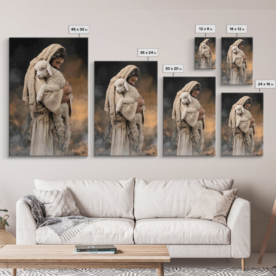 Tender Lamb Embrace, Framed Canvas Print, Jesus Painting, Christian Art Print, Christian Wall Art, Large Christian Painting, Christian Deco