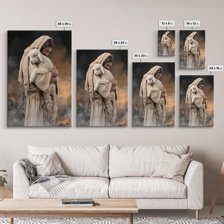 Tender Lamb Embrace, Framed Canvas Print, Jesus Painting, Christian Art Print, Christian Wall Art, Large Christian Painting, Christian Deco