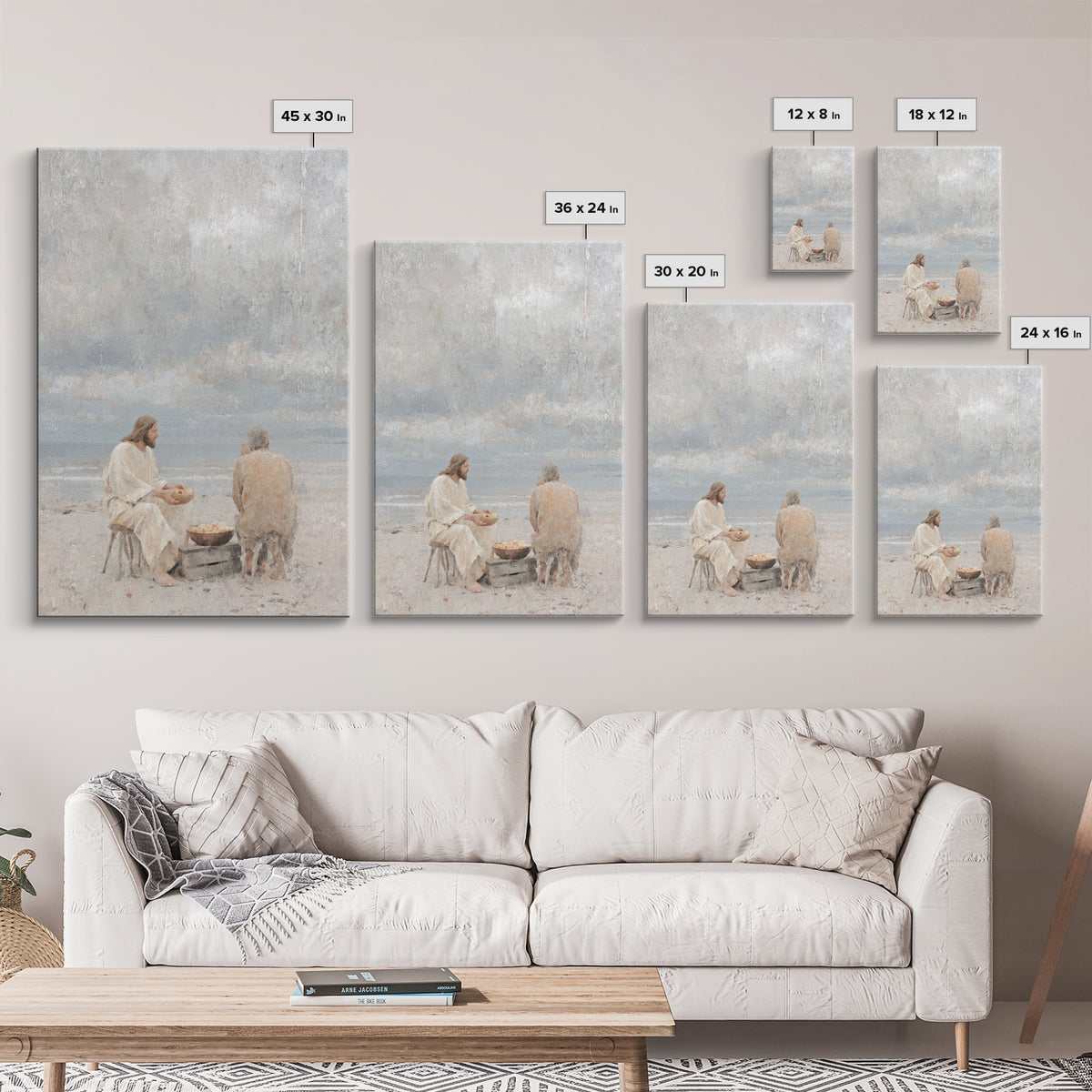 Shoreline Quiet Bread, Framed Canvas Print, Jesus Painting, Christian Wall Art, Christian Art Canvas, Christian Decor, Minimalist Christian