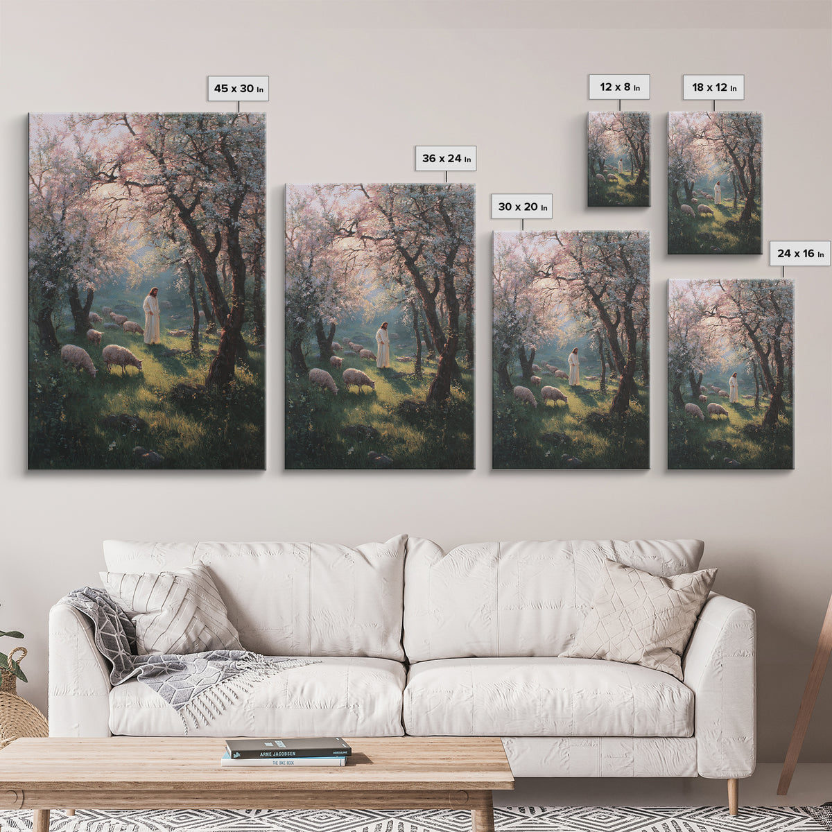 Spring Shepherd Path | Framed Canvas Print | Christian Art Canvas | Christian Wall Art | Jesus Painting | Christian Decor | Pastoral Scener