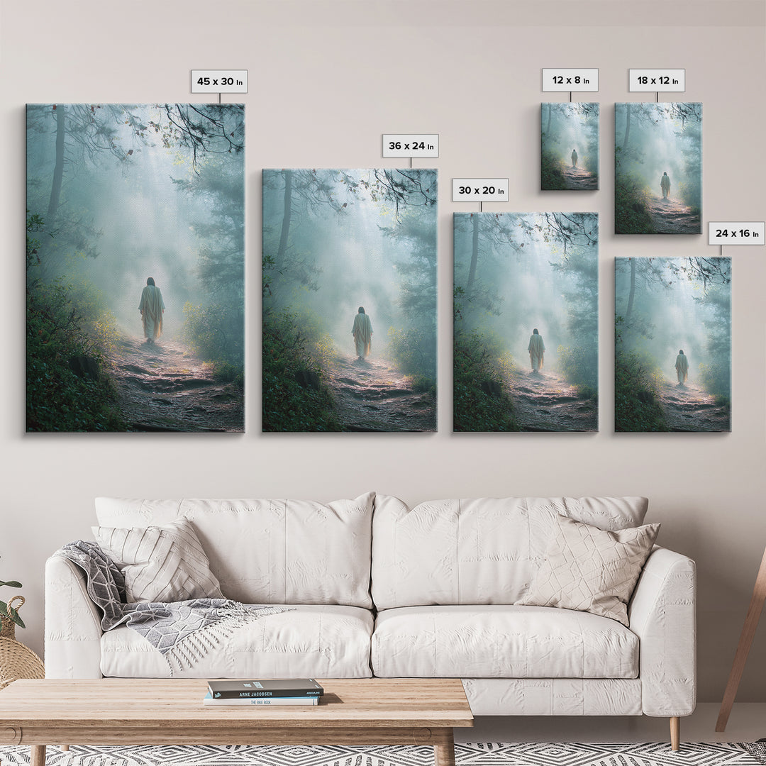 Forest Dawn Walk – Framed Canvas Print – Christian Wall Art – Christian Art Canvas – Jesus Painting – Moody Christian Art – Christian Decor