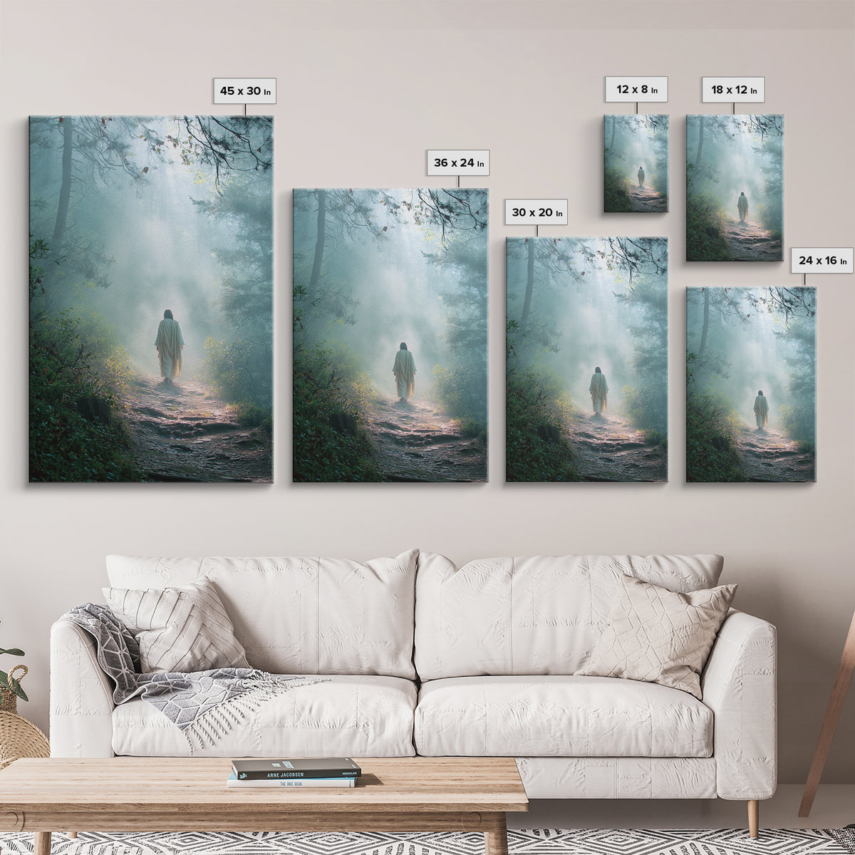 Forest Dawn Walk – Framed Canvas Print – Christian Wall Art – Christian Art Canvas – Jesus Painting – Moody Christian Art – Christian Decor