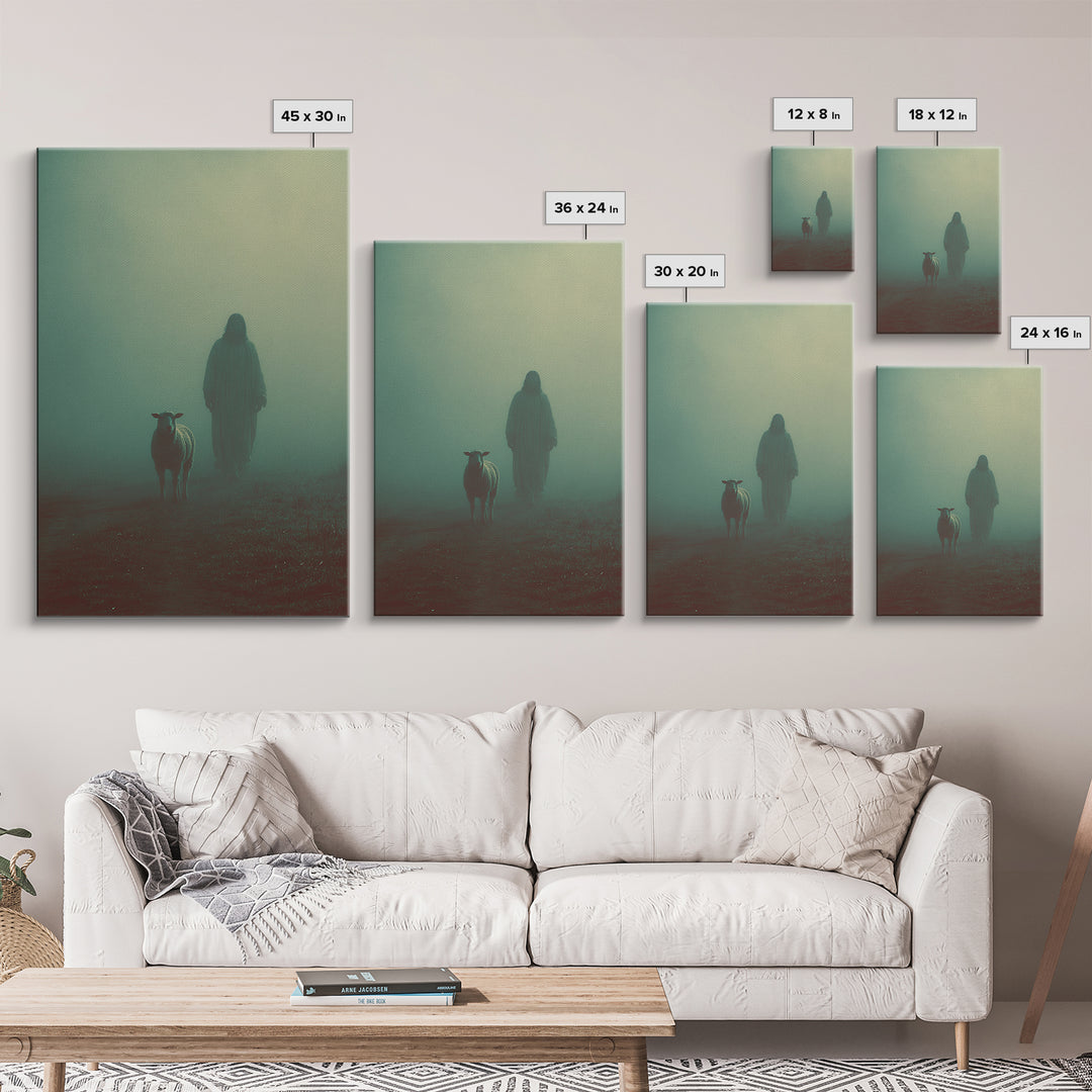 Shepherd In Mist – Framed Canvas Print – Christian Wall Art – Jesus Painting – Moody Christian Art – Christian Art Canvas – Christmas Art