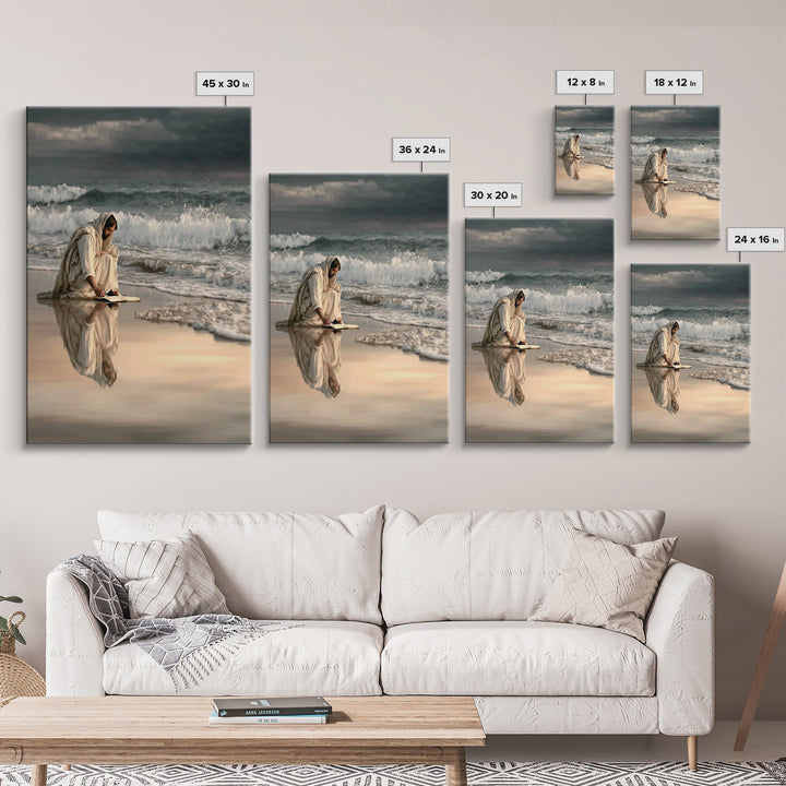 Shoreline Of Rest, Framed Canvas Print, Christian Wall Art, Jesus Painting, Christian Art Canvas, Moody Christian Art, Large Jesus Painting