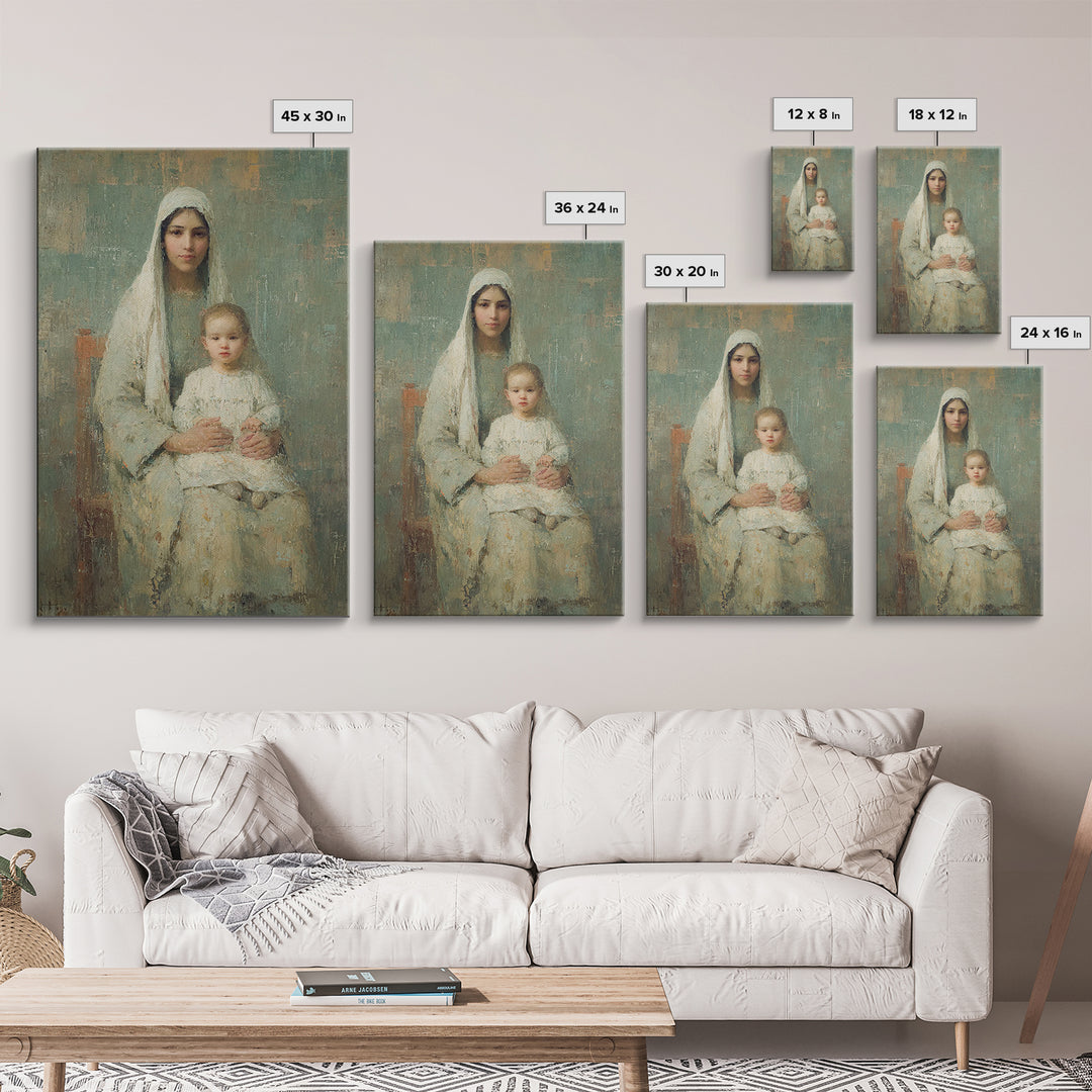 Serene Motherhood, Framed Canvas Print, Christian Wall Art, Christian Art Canvas, Mary And Jesus Painting, Subtle Christian Art, Christian