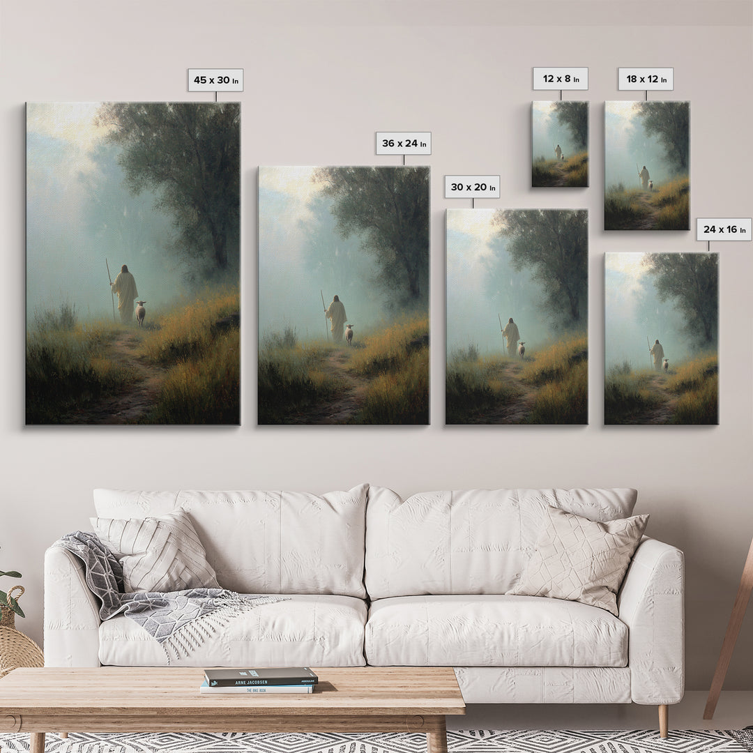 Misty Guide – Framed Canvas Print – Christian Art Canvas – Christian Wall Art – Jesus Painting – Pastoral Scenery – Christian Gift