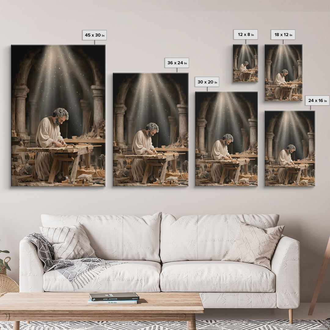 Humble Workshop Light, Framed Canvas Print, Christian Art Canvas, Jesus Painting, Christian Wall Art, Christian Decor, Christmas Art