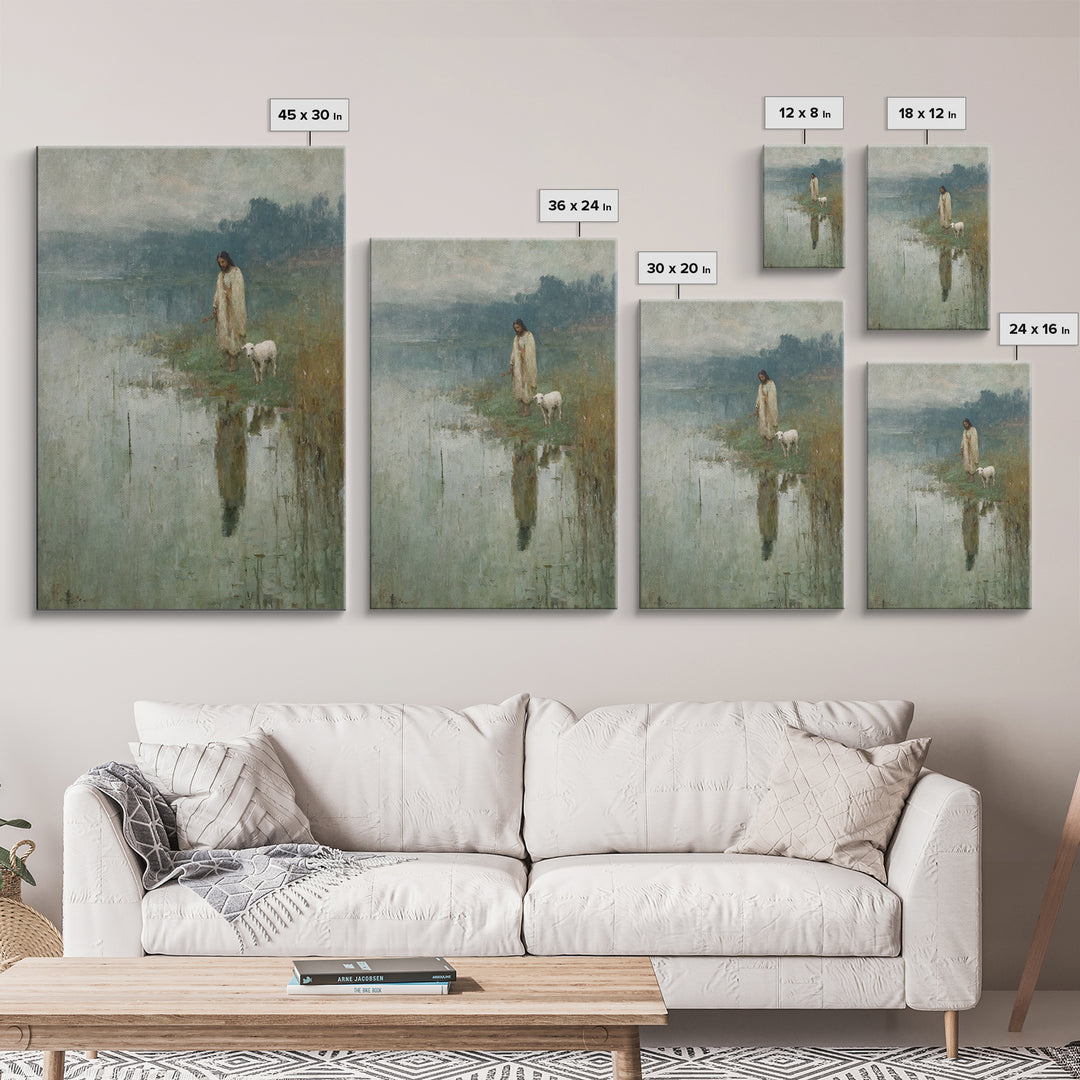Gentle Lake Shepherd – Framed Canvas Print – Christian Art Canvas – Jesus Painting – Christian Wall Art – Vintage Christian Art – Christian