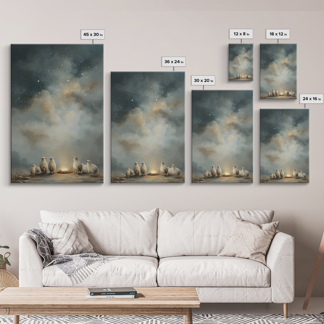 Starry Night Flock – Framed Canvas Print – Christmas Art – Christian Art Canvas – Christian Wall Art – Folk Art Christmas – Christian Chris