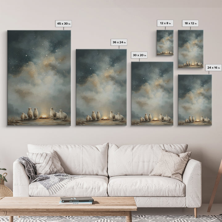 Starry Night Flock – Framed Canvas Print – Christmas Art – Christian Art Canvas – Christian Wall Art – Folk Art Christmas – Christian Chris