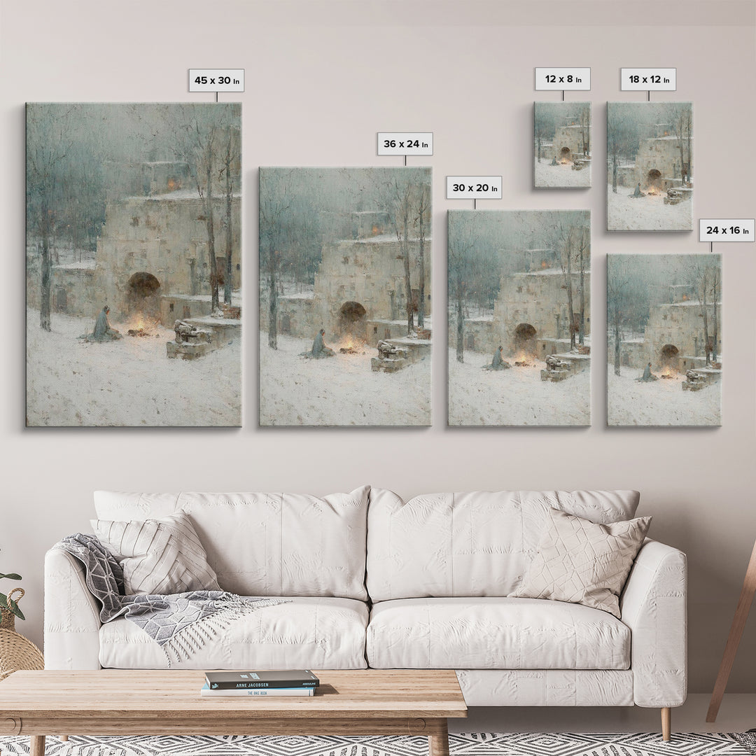 Warm Vigil Night – Framed Canvas Print – Christian Art – Christmas Art – Moody Christmas Art – Christian Wall Art – Christian Art Gift